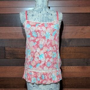 LC Lauren Conrad Floral Pink Sleeveless Ruffle-Trim Tank Top